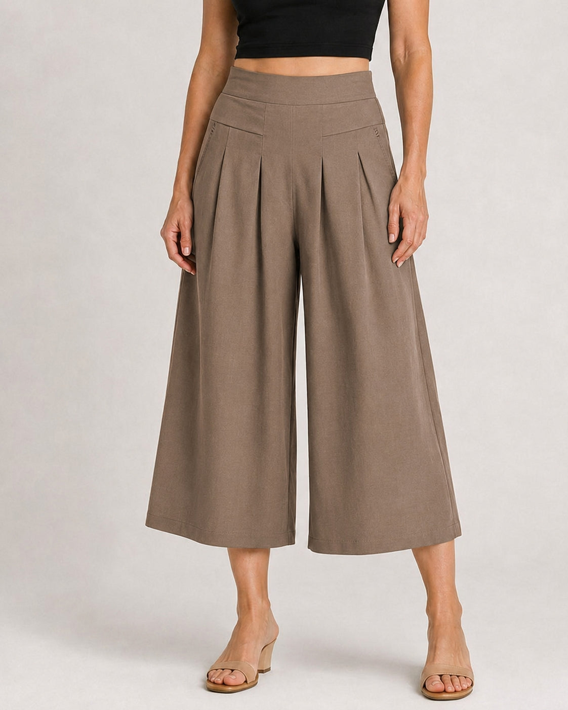 Cotton Linen Elastic Waistband with Pockets Wide-leg Capri Pants