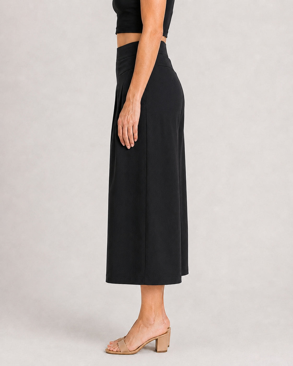 Cotton Linen Elastic Waistband with Pockets Wide-leg Capri Pants