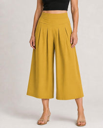 Cotton Linen Elastic Waistband with Pockets Wide-leg Capri Pants