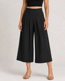 Cotton Linen Elastic Waistband with Pockets Wide-leg Capri Pants