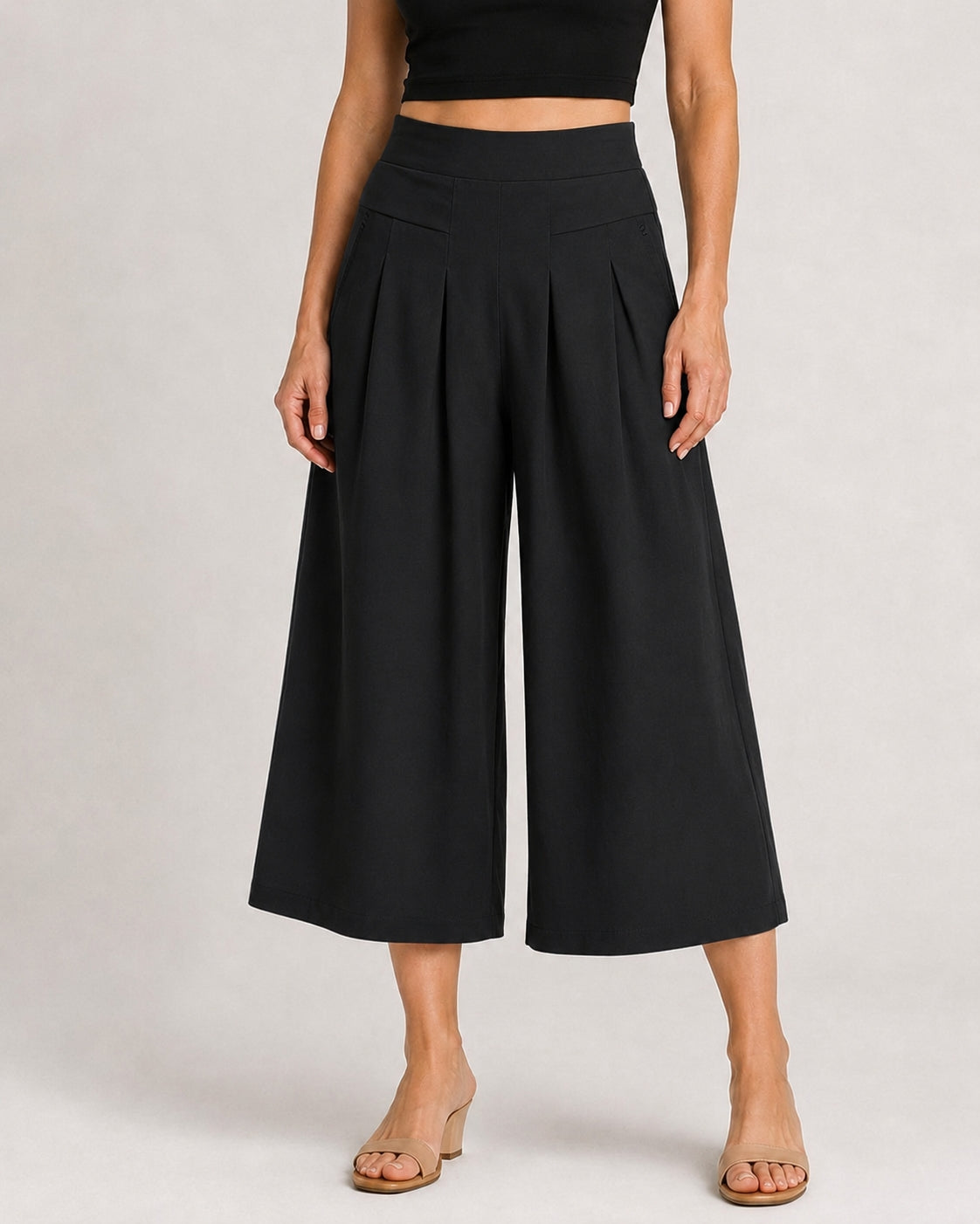 Cotton Linen Elastic Waistband with Pockets Wide-leg Capri Pants