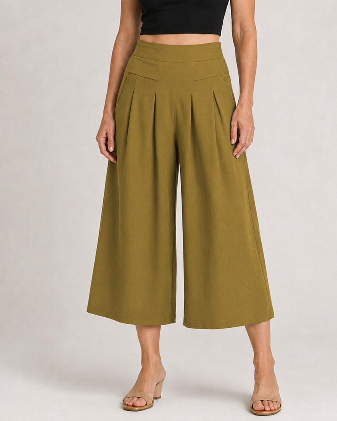 Cotton Linen Elastic Waistband with Pockets Wide-leg Capri Pants