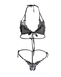 Sexy Deep V Halter Neck Lace See-through Open Crotch Lingerie Set