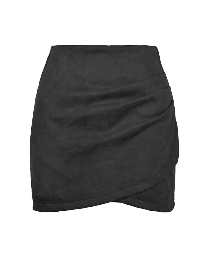 Suede Pleated Irregular Zipper Bodycon Mini Skirt