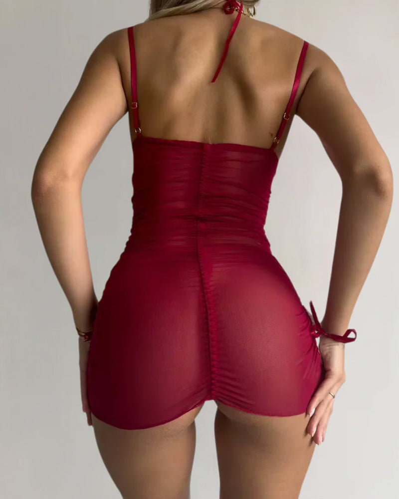 Christmas Bunny Ear Velvet Mesh See-through Sexy Nightgown Set
