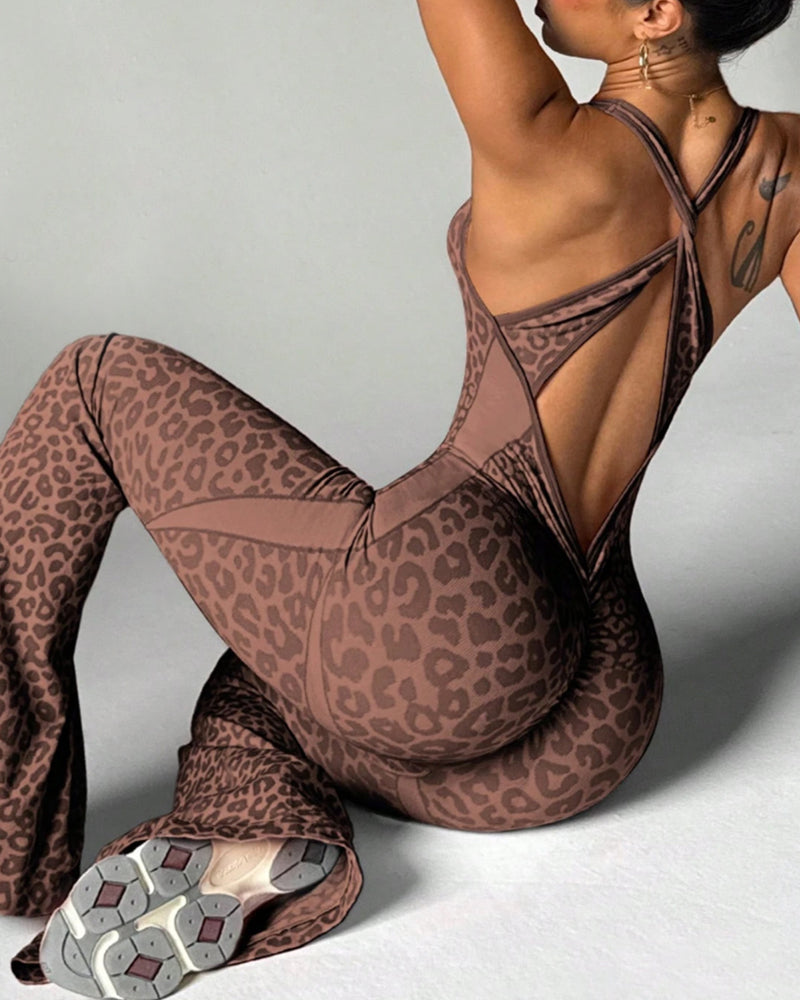 Leopard Print Crossback Seamless Elastic Yoga Fitness Jumpsuit Secondary image