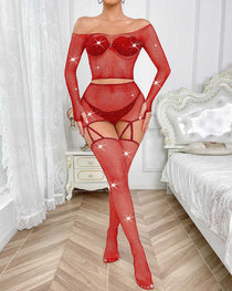 Sexy Rhinestone Fishnet Long-Sleeved Skirt Set