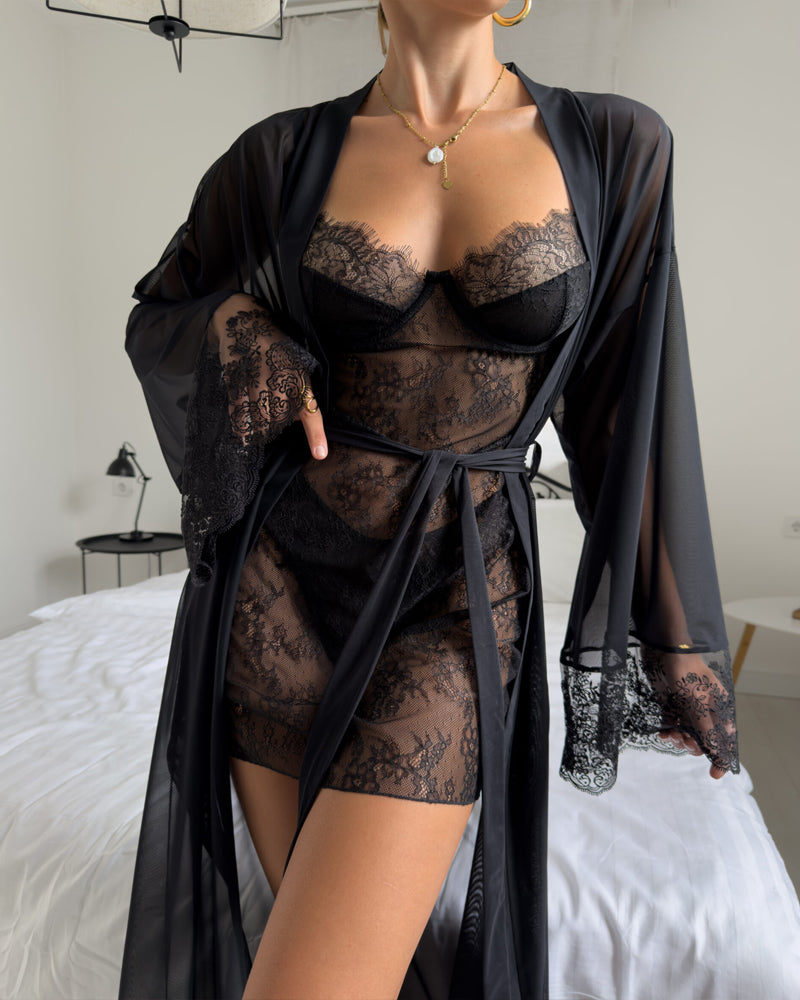 Sexy Lace Mesh See-Through Slip Dress and Long Sleeved Robe Set Main image