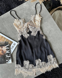 Sexy Deep V-neck Ice Silk Lace Patchwork Backless Camisole Nightgown