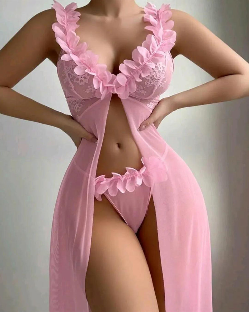 Sexy Low-Cut Floral See-Through Mesh Suspender Maxi Dress Set Secondary image