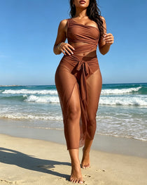 Vacation One-shoulder Mesh Hollow-out Patchwork Swimsuit and Sarong Skirt Set