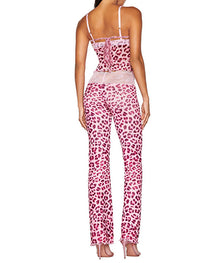 Casual Lace-paneled Sheer Mesh Colorblock Leopard Print Sleeveless Tank Top and Butt-lifting Long Pants Set