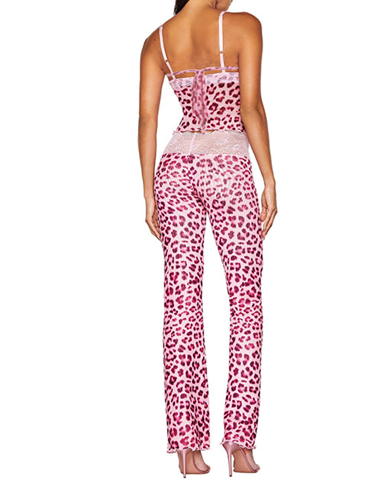 Casual Lace-paneled Sheer Mesh Colorblock Leopard Print Sleeveless Tank Top and Butt-lifting Long Pants Set