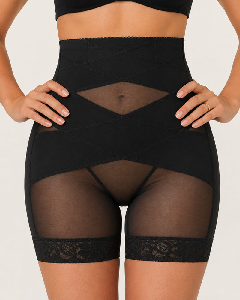 High Waist Tummy Control Sheer Mesh LaceTrim Shaping Shorts Secondary image