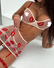 Sexy See-through Mesh Red Lips Embroidered Lingerie Set