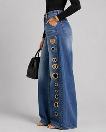 Casual Loose Metal Perforations High Waist Wide-leg Washed Jeans
