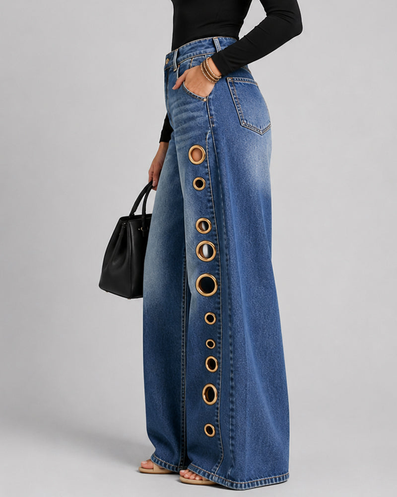Casual Loose Metal Perforations High Waist Wide-leg Washed Jeans