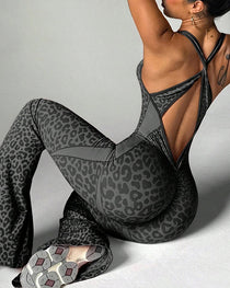 Leopard Print Crossback Seamless Elastic Yoga Fitness Jumpsuit