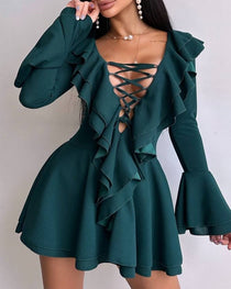 Stylish V Neck Slim-fit Tie-up Ruffle Bell Sleeve Dress
