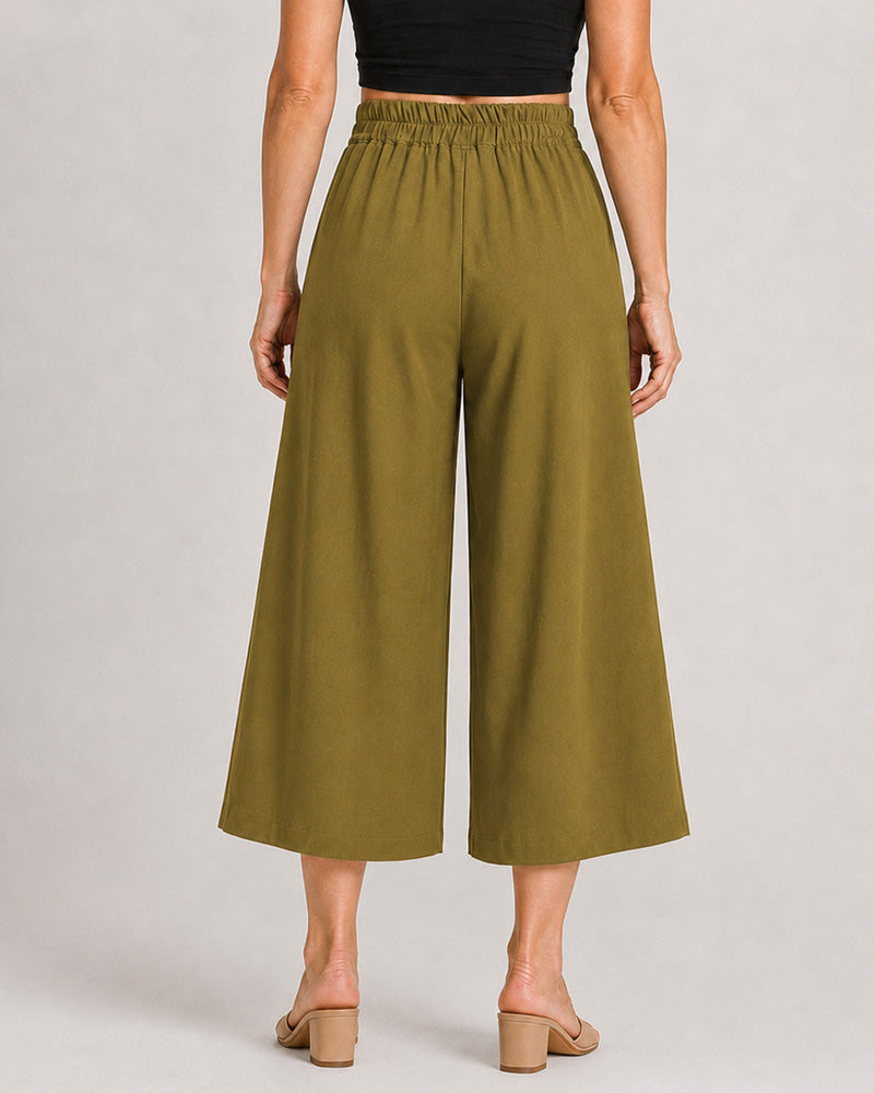 Cotton Linen Elastic Waistband with Pockets Wide-leg Capri Pants