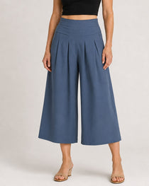 Cotton Linen Elastic Waistband with Pockets Wide-leg Capri Pants