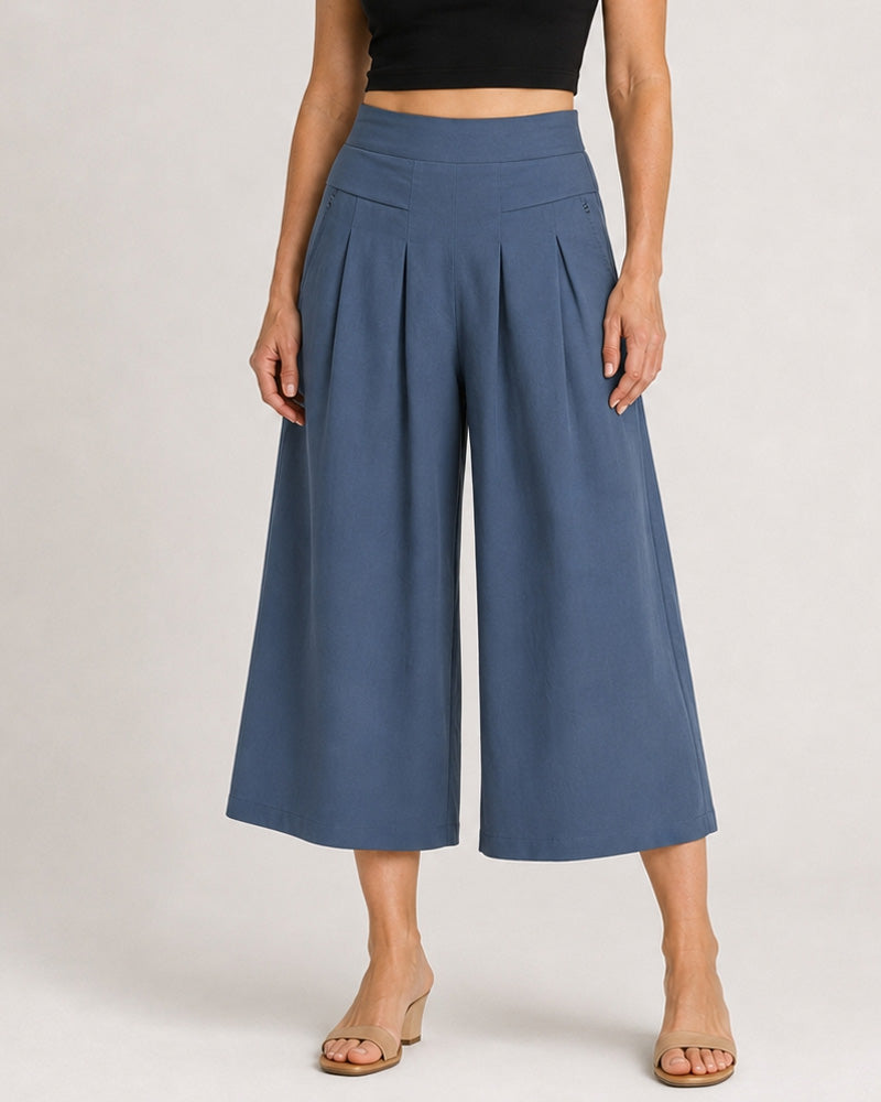 Cotton Linen Elastic Waistband with Pockets Wide-leg Capri Pants