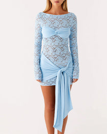 Sexy Round Neck Lace Long-sleeved Dress with Ribbon Embellishments