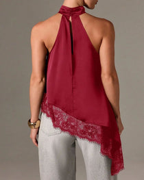 Women's Sleeveless Lace-trimmed Asymmetrical Halter Neck Satin Breathable Top