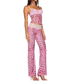 Casual Lace-paneled Sheer Mesh Colorblock Leopard Print Sleeveless Tank Top and Butt-lifting Long Pants Set