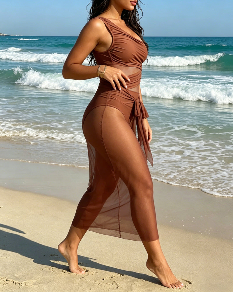 Vacation One-shoulder Mesh Hollow-out Patchwork Swimsuit and Sarong Skirt Set Secondary image