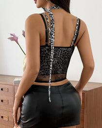 Sexy Leopard Lace Patchwork V-neck See-through Mesh Camisole Top