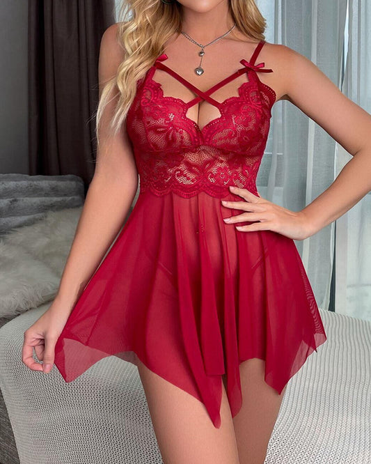 Sexy Floral Lace Patchwork Sheer Mesh Irregular Hem Slip Lingerie Nightgown