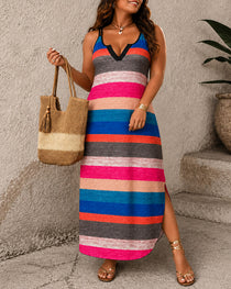 Women's Rainbow Striped V Neck Spaghetti Strap Long Dress