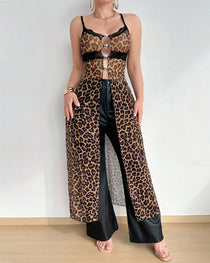 Sexy Leopard Print See-through Lace Trim Cutout Nightgown