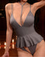 Sexy Deep V Halter Neck Solid Color Open Crotch Bodysuit Lingerie