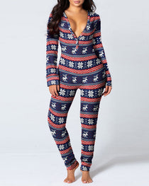 Christmas Deep V-neck Long-sleeved Back Button Closure Jumpsuit PJajama