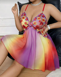 Plus Size Sexy V-Neck Colorful Embroidered Floral Backless Camisole Nightgown