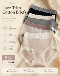 Five-pack Pure Cotton High Waist Lace-trimmed Briefs