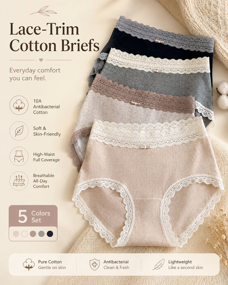 Five-pack Pure Cotton High Waist Lace-trimmed Briefs