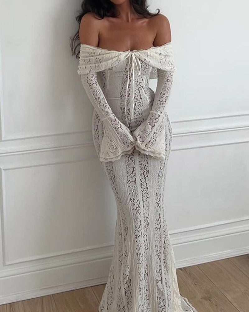 Women's Solid Color Lace Off-Shoulder Long Sleeve Slim Fit Dress Secondary image