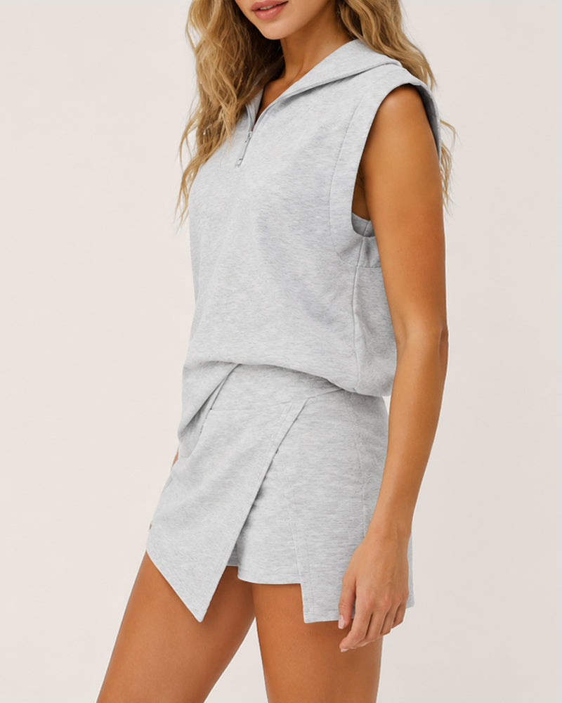 Casual Sports Sleeveless Half-zip Sweatshirt and Skirt Set Secondary image