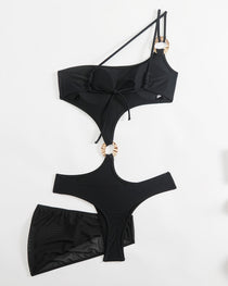 Sexy One-shoulder Solid Color One-piece Swimsuit and Cover-up Set