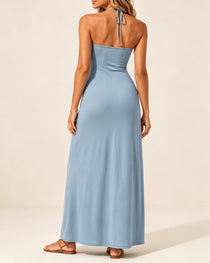 Halter Neck Backless Tie-up Long Dress with Pockets