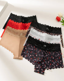 Six-Pack Seamless Ice Silk Lace Trim Print Boxer Briefs