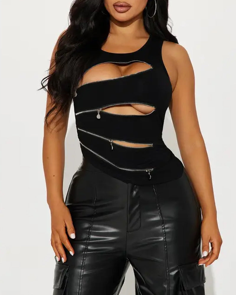 Black Sexy Irregular Zipper Cutouts Sleeveless Top Main image