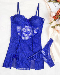Women's Sexy Floral Lace See-through Slip Dress and Thong Set