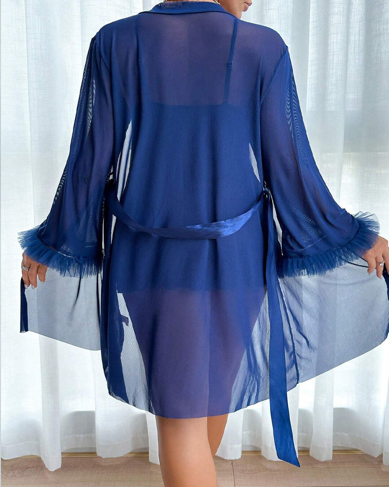 Sexy Lace See-through Mesh Camisole Nightgown and Robe Set
