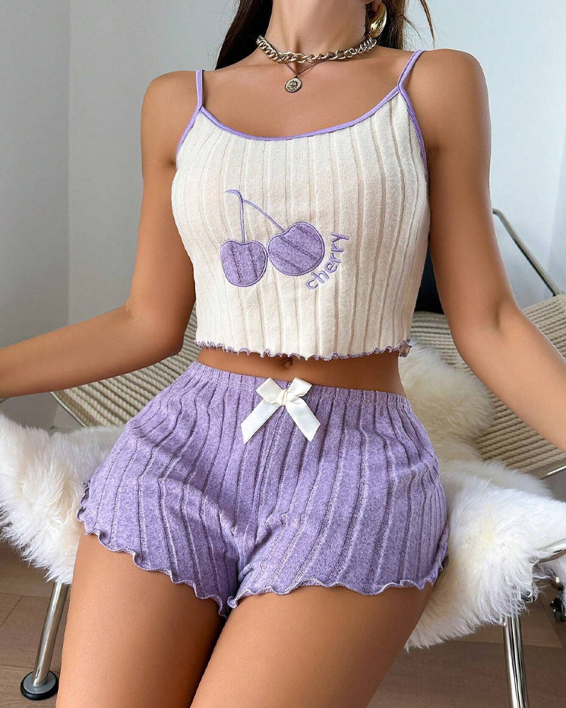 Cherry Brushed Colorblock Camisole and Shorts Loungewear Set Secondary image