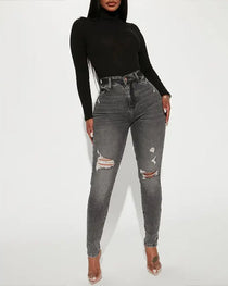 Washed High-stretch Tight-fitting Ripped Skinny Jeans