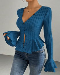 V-neck Ruffled Slim-fit Flared Long-sleeve Stretchy Knit Top